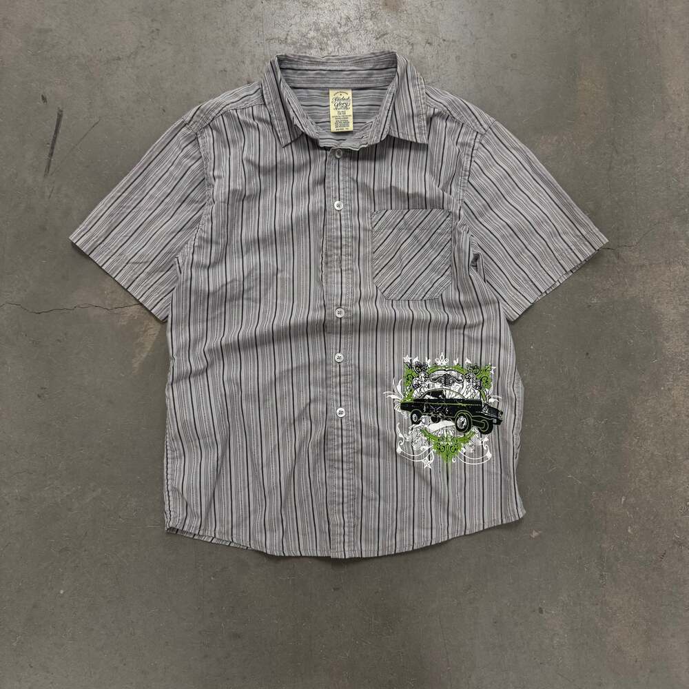 Faded Glory Boys Striped Short Sleeve Button-Up Shirt with Car Graphic